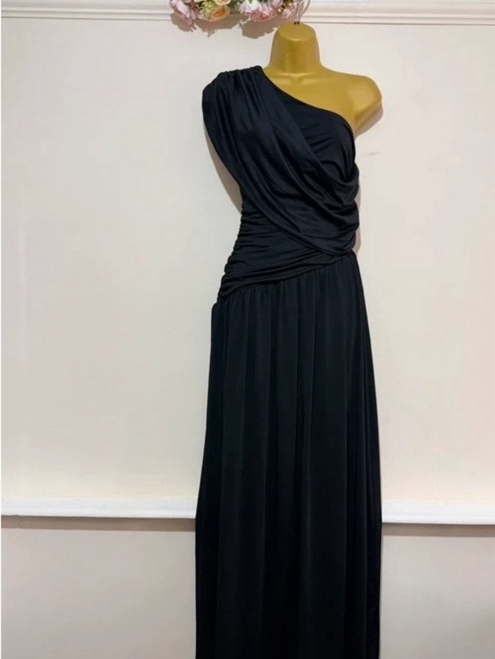 One-Shoulder Black Maxi Dress with Draped Bodice